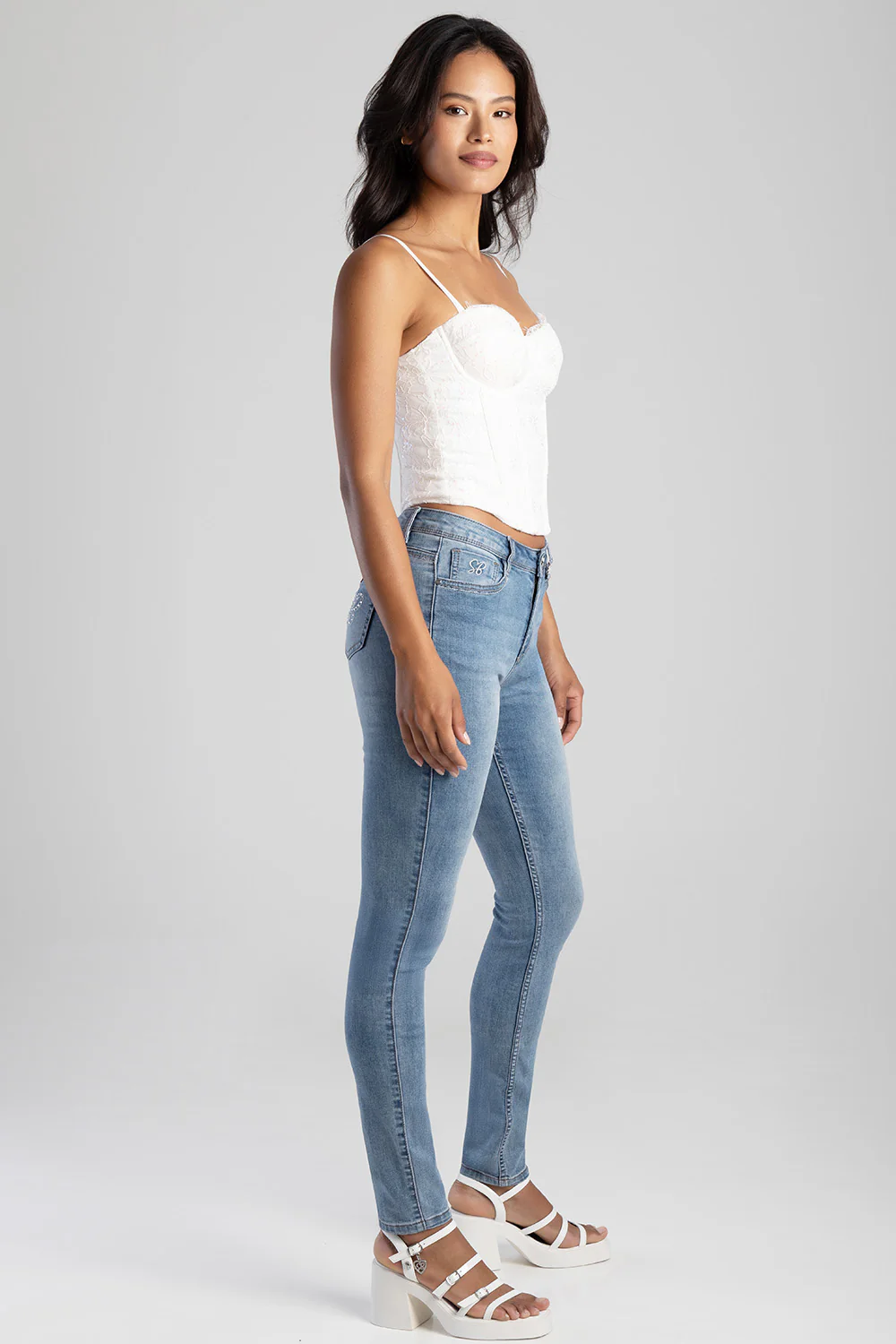 Mid Waist Skinny Denim - Medium Wash - Image 6
