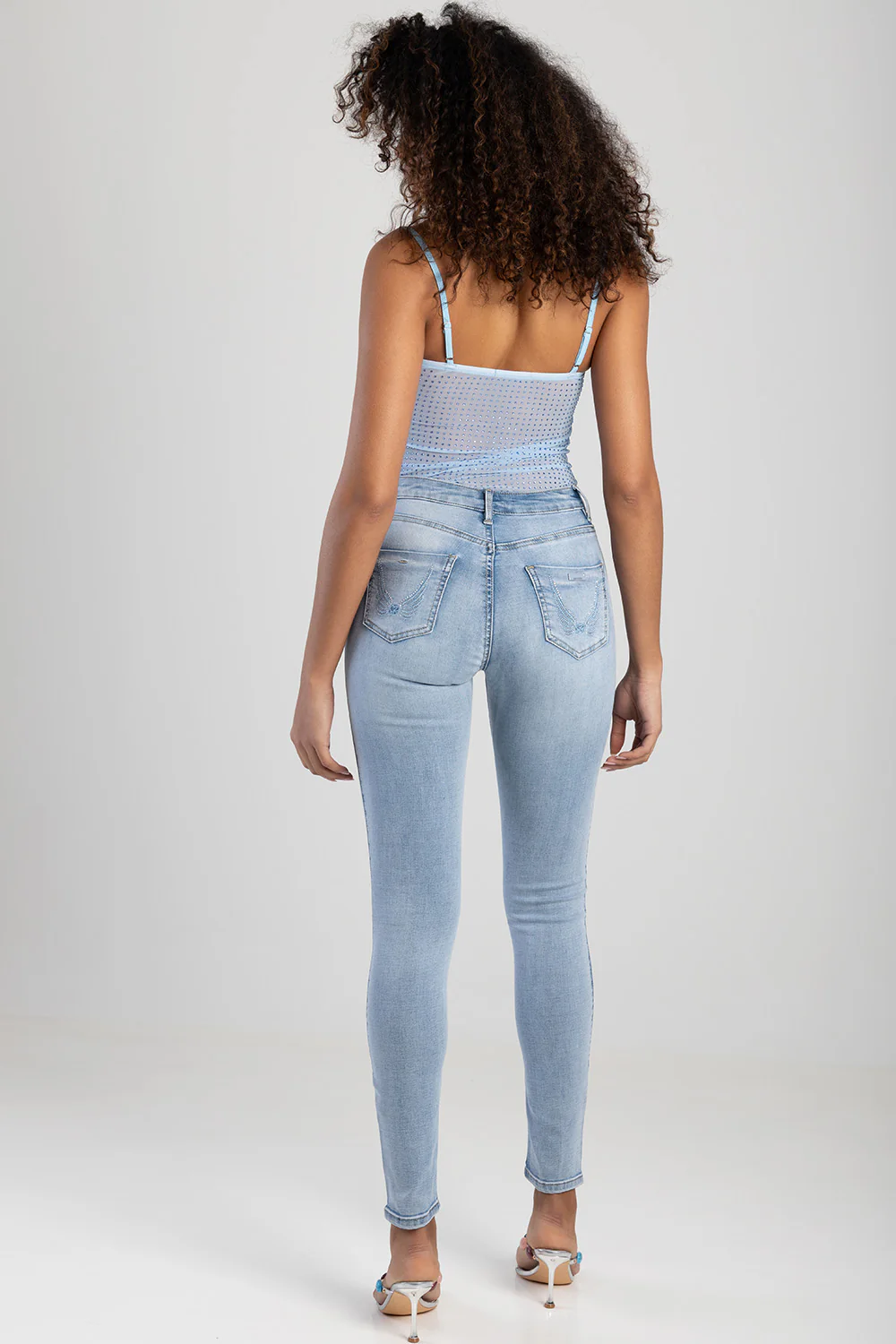 Mid Waist Skinny Denim With Back Pocket Embroidery - Light Blue - Image 6