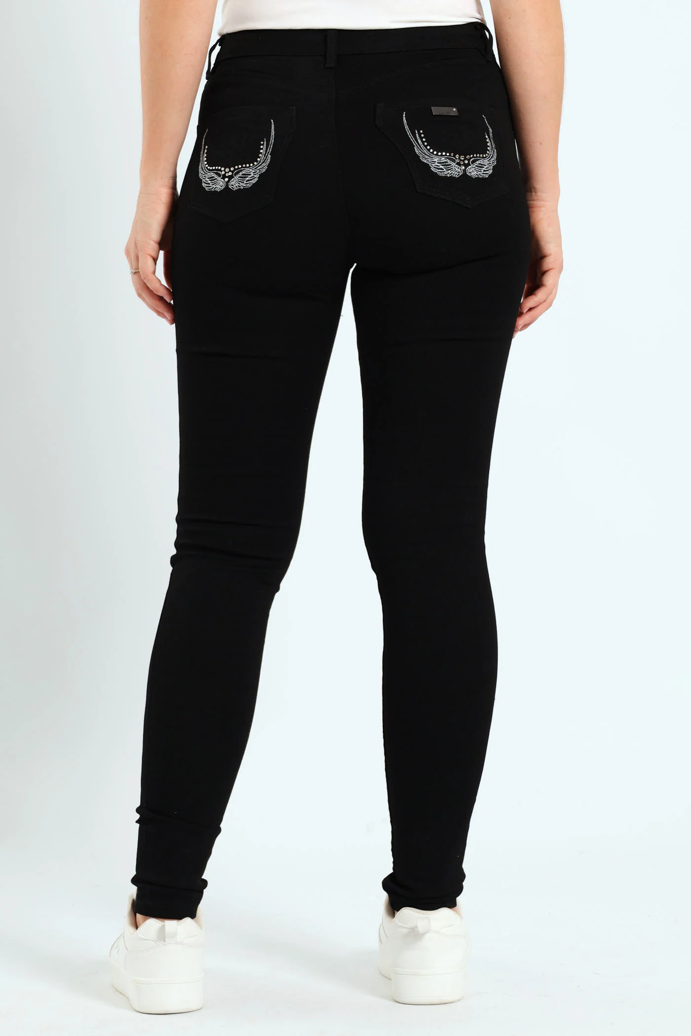 Mid Waist Skinny Denim With Wings On Pockets - Black - Image 2