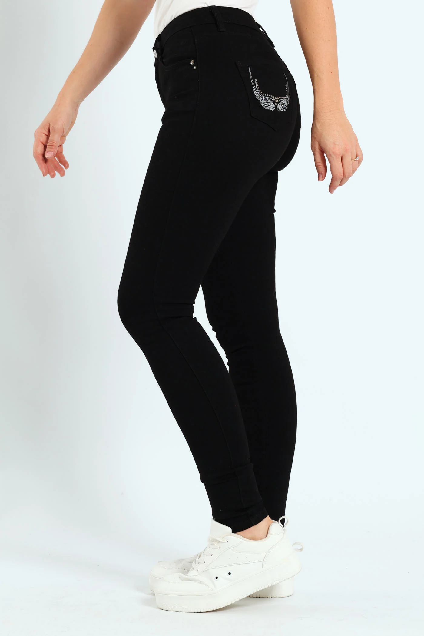 Mid Waist Skinny Denim With Wings On Pockets - Black - Image 3