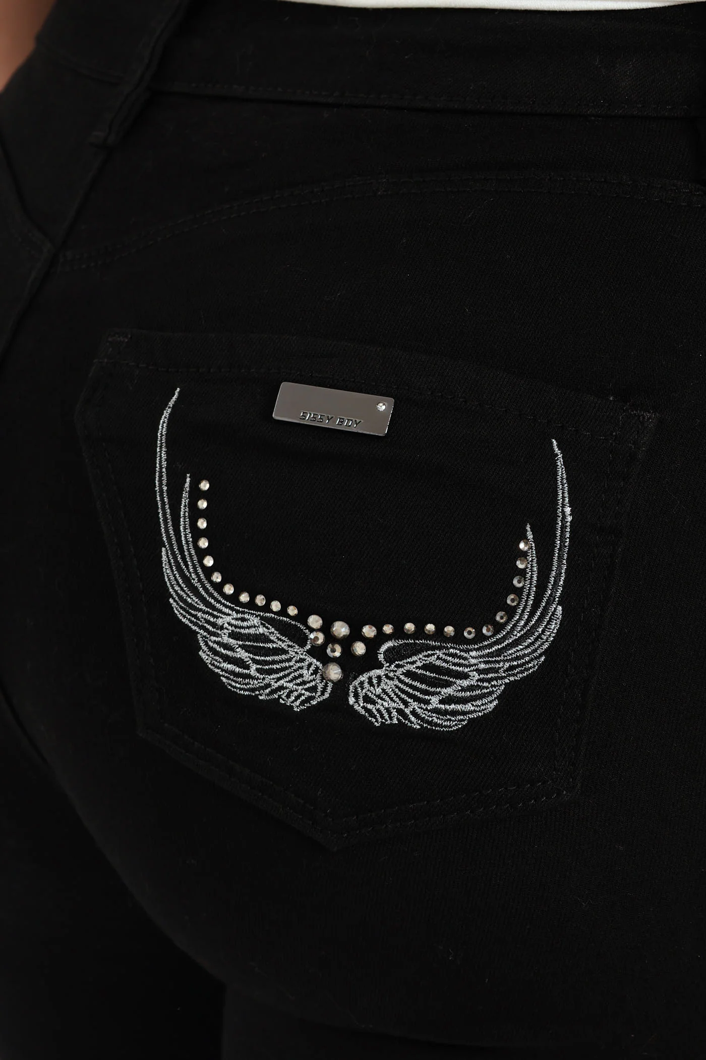 Mid Waist Skinny Denim With Wings On Pockets - Black - Image 4