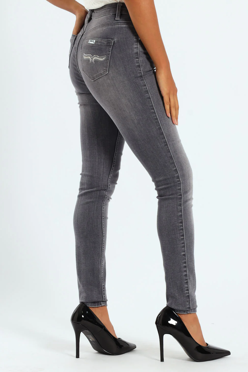 Mid Waist Skinny Jean With Horn Embroidery On Pockets - Grey - Image 2