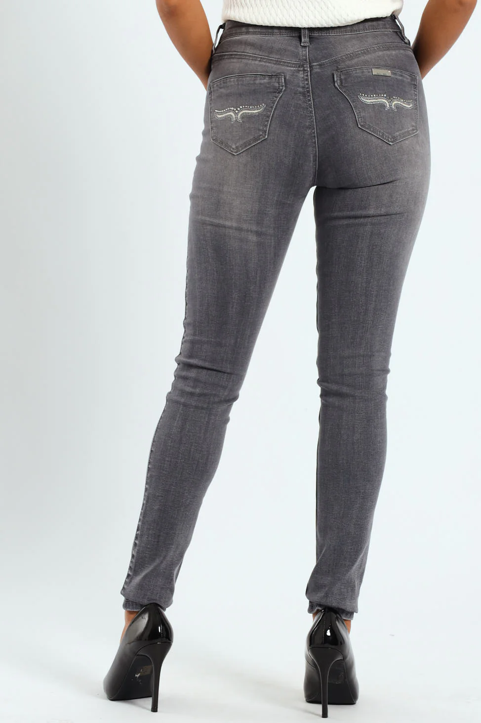 Mid Waist Skinny Jean With Horn Embroidery On Pockets - Grey - Image 3