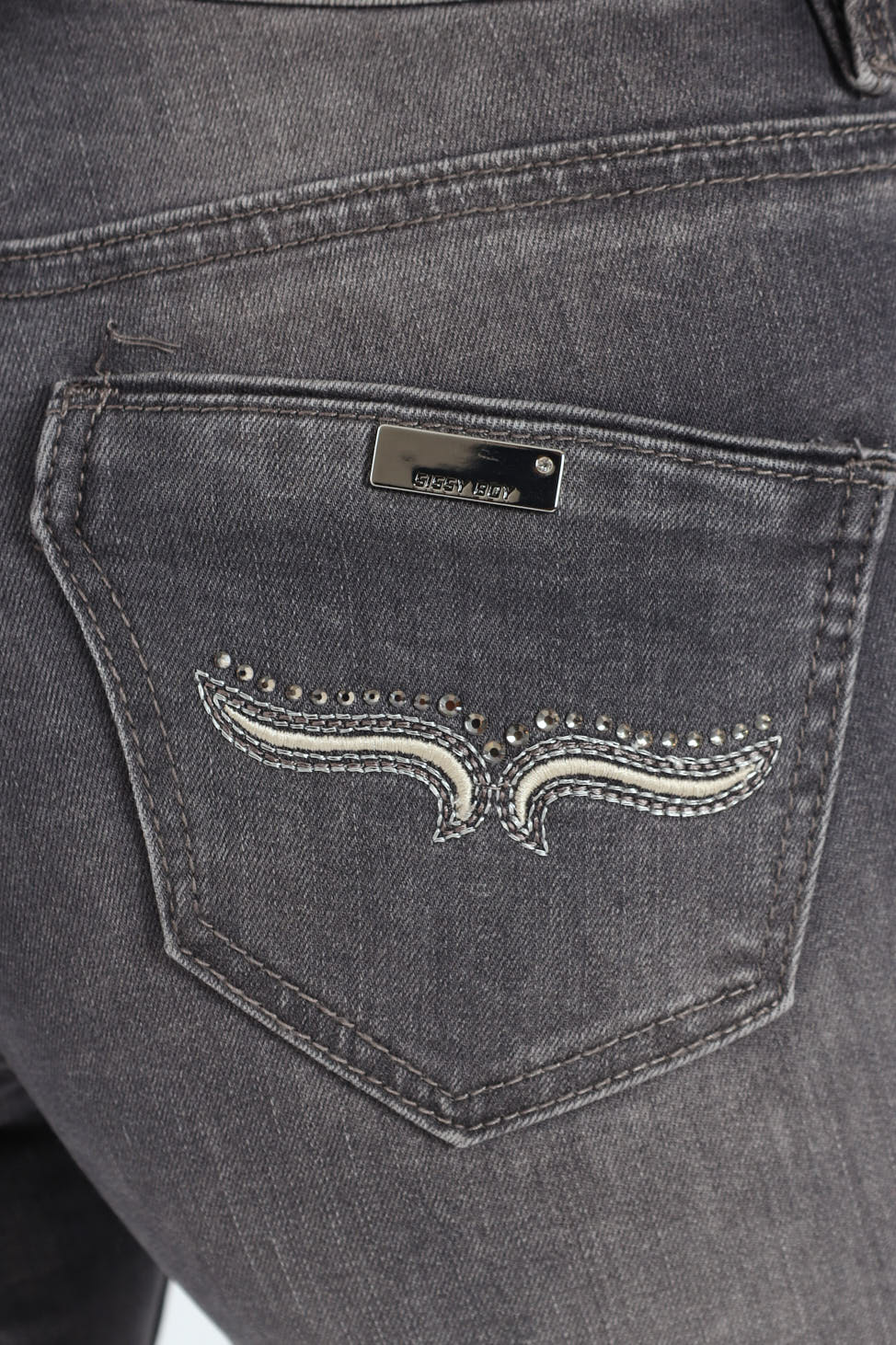 Mid Waist Skinny Jean With Horn Embroidery On Pockets - Grey - Image 5