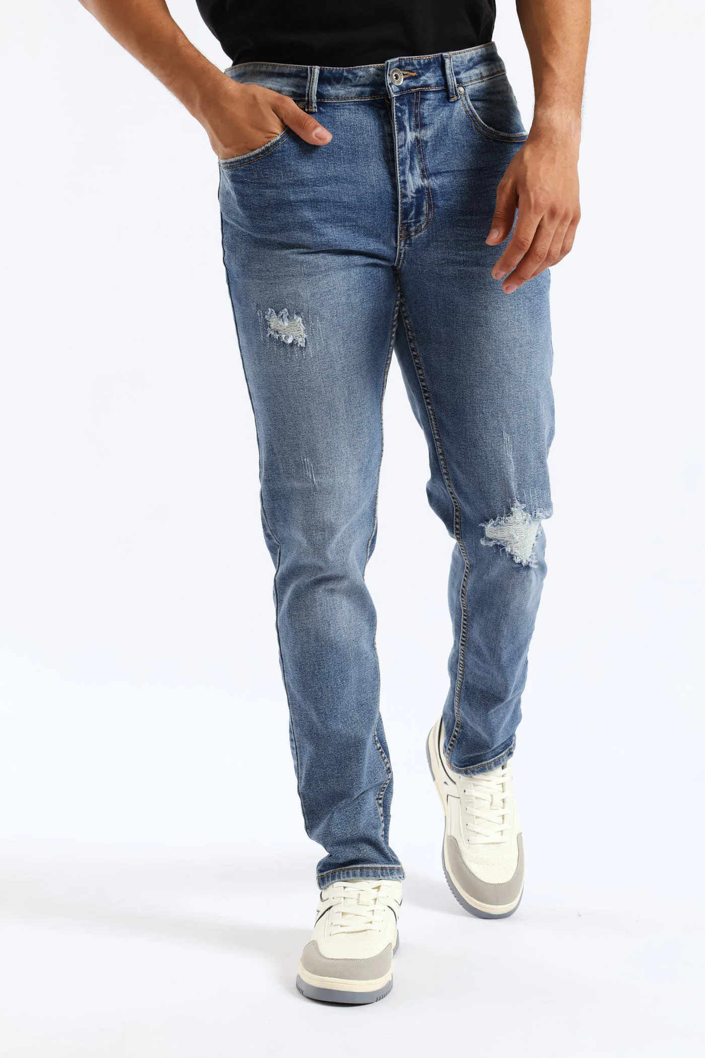 Mid Wash Skinny Rip Ripair Denim - Mid Blue - Image 2