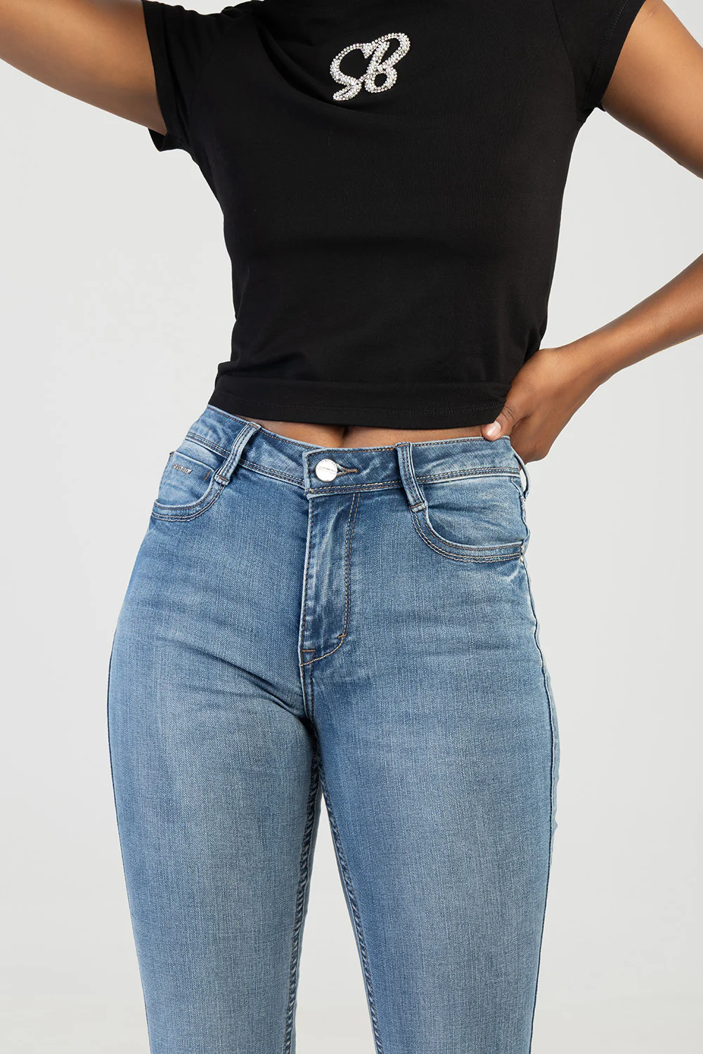 Mila Rose Mid Waist Back Pocket Embroidery Skinny Denim - Light Wash - Image 3
