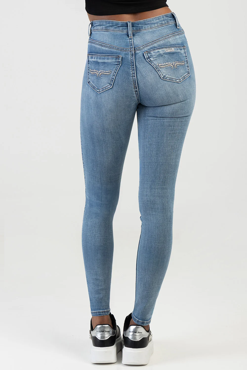 Mila Rose Mid Waist Back Pocket Embroidery Skinny Denim - Light Wash - Image 4