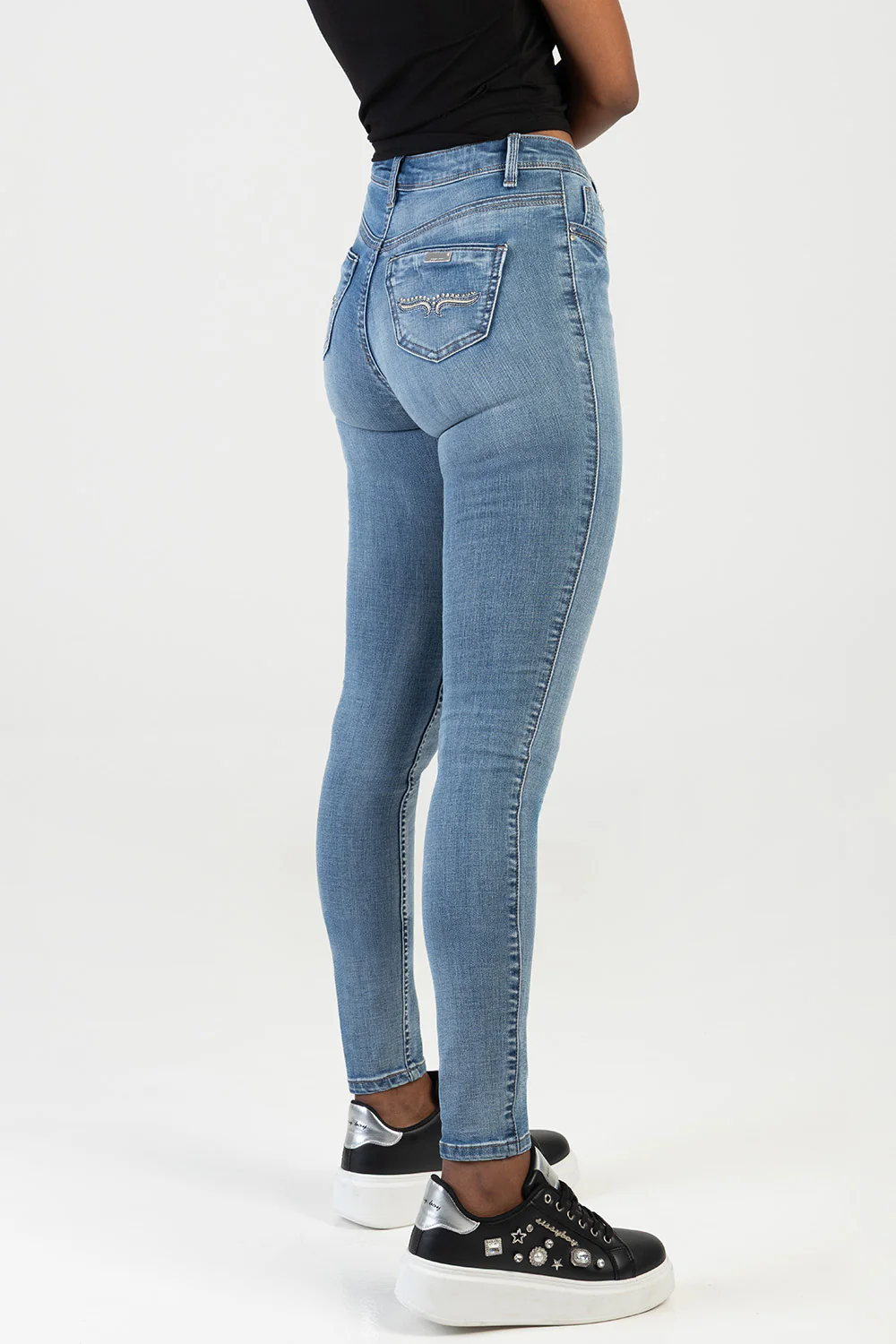 Mila Rose Mid Waist Back Pocket Embroidery Skinny Denim - Light Wash - Image 5