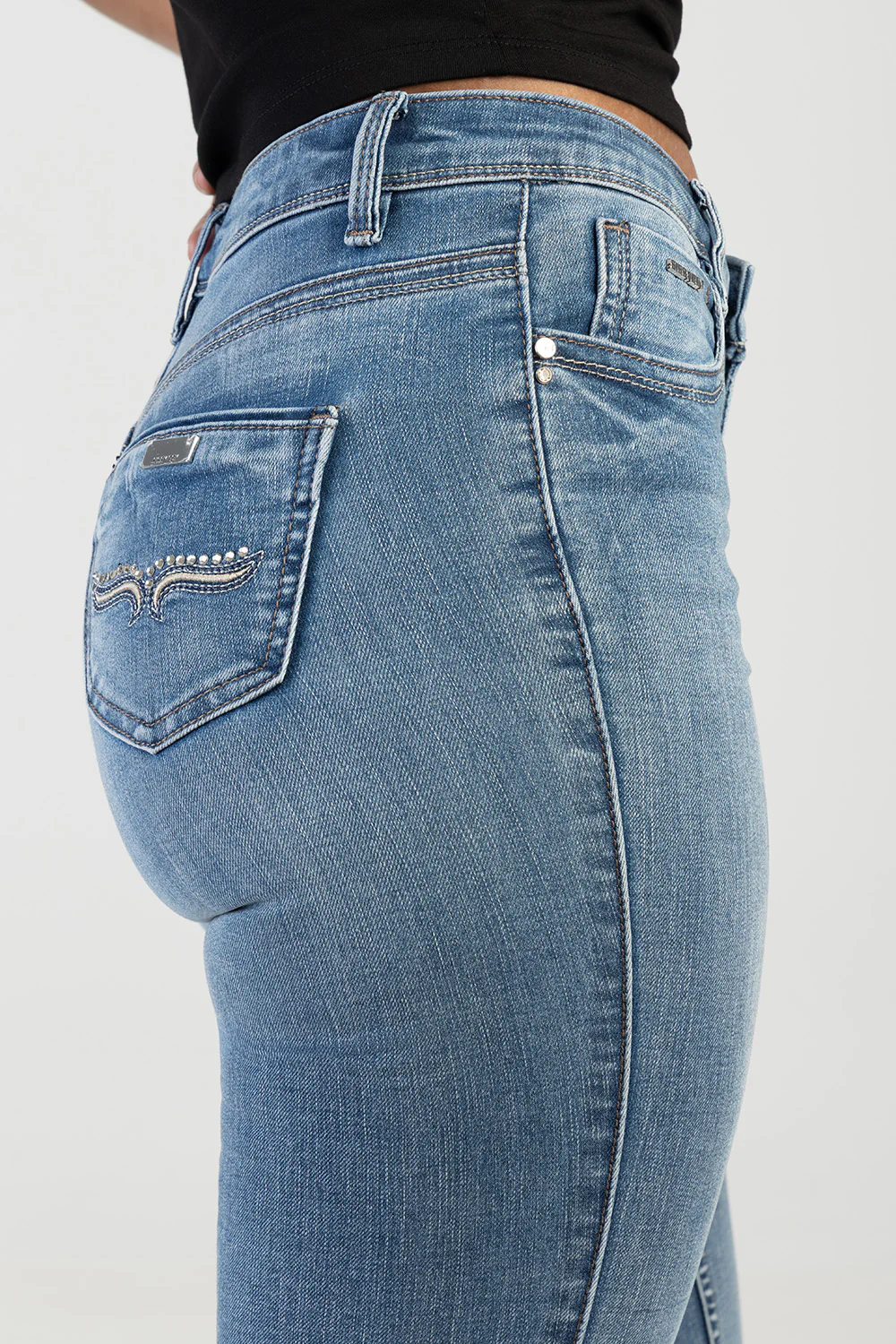 Mila Rose Mid Waist Back Pocket Embroidery Skinny Denim - Light Wash - Image 6