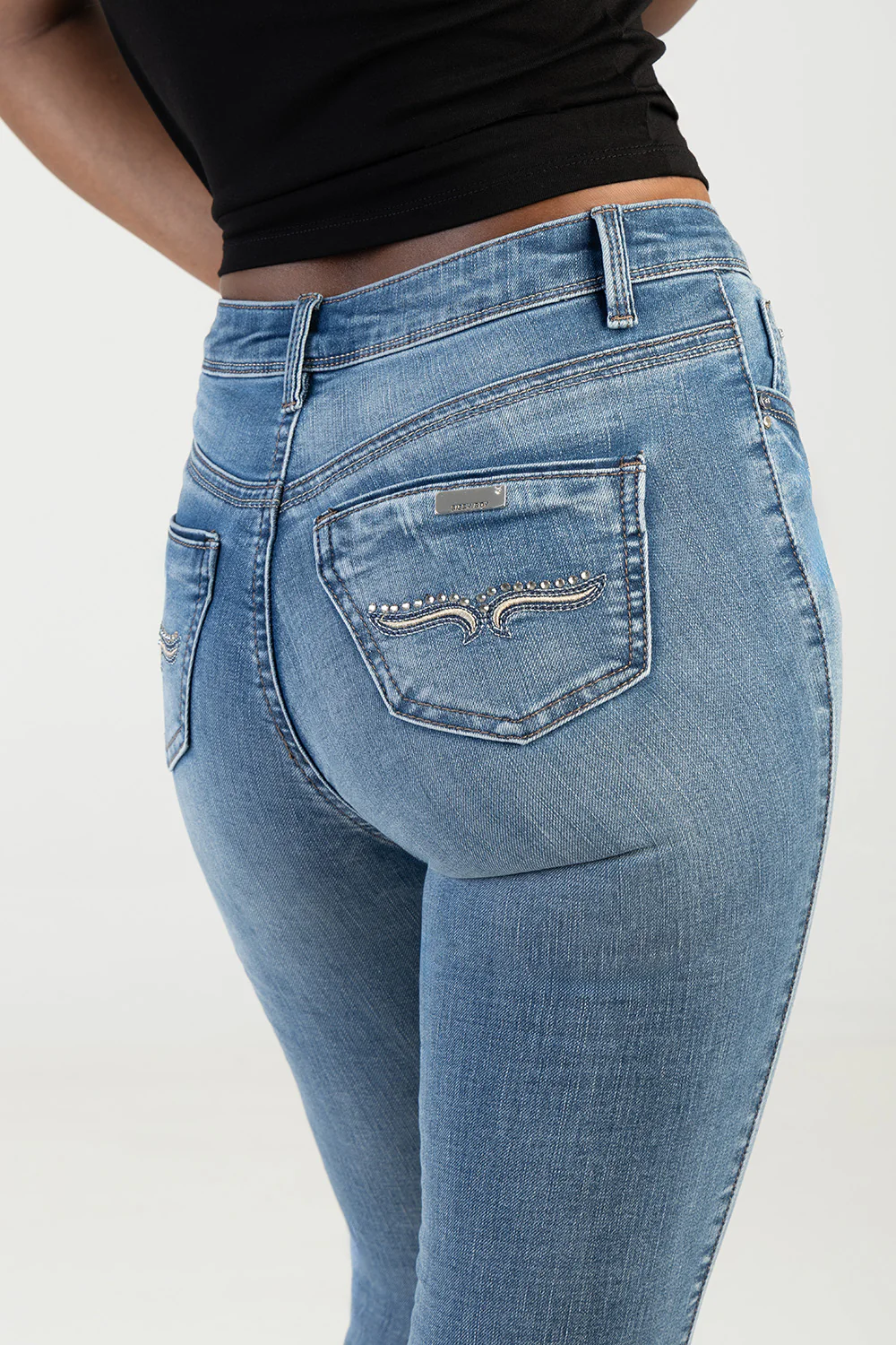 Mila Rose Mid Waist Back Pocket Embroidery Skinny Denim - Light Wash - Image 7