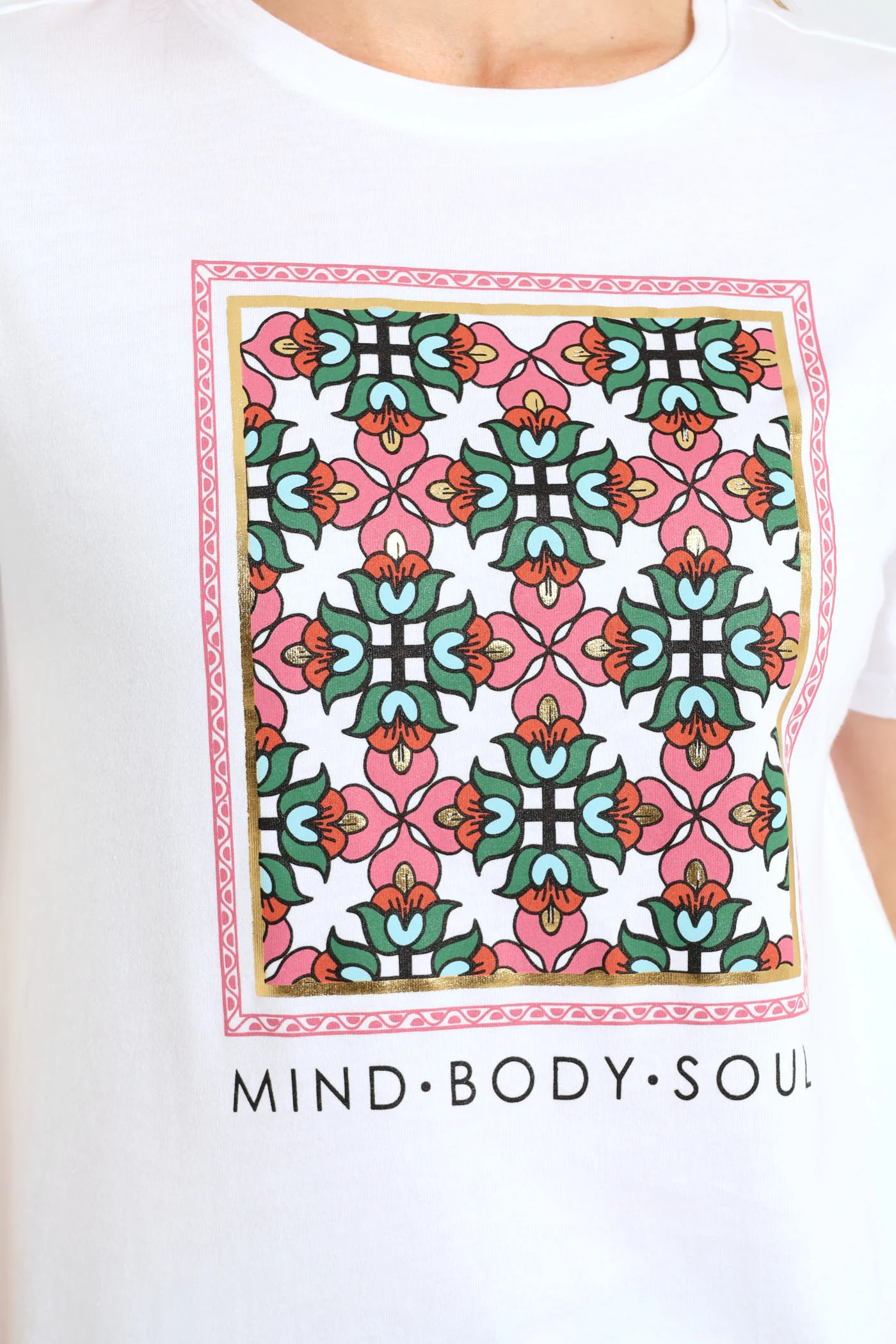 Mind Body Soul Geometric Floral Frame Foil Tee - White - Image 2