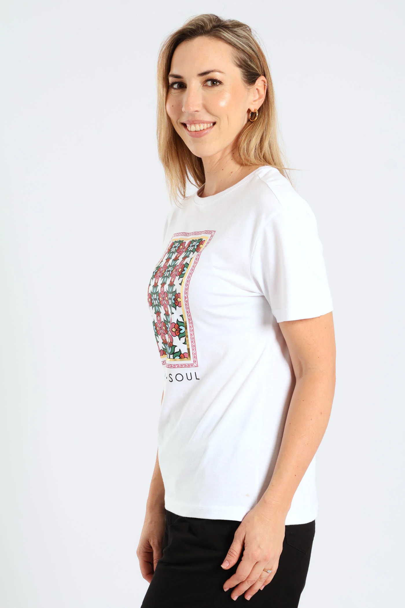 Mind Body Soul Geometric Floral Frame Foil Tee - White - Image 3