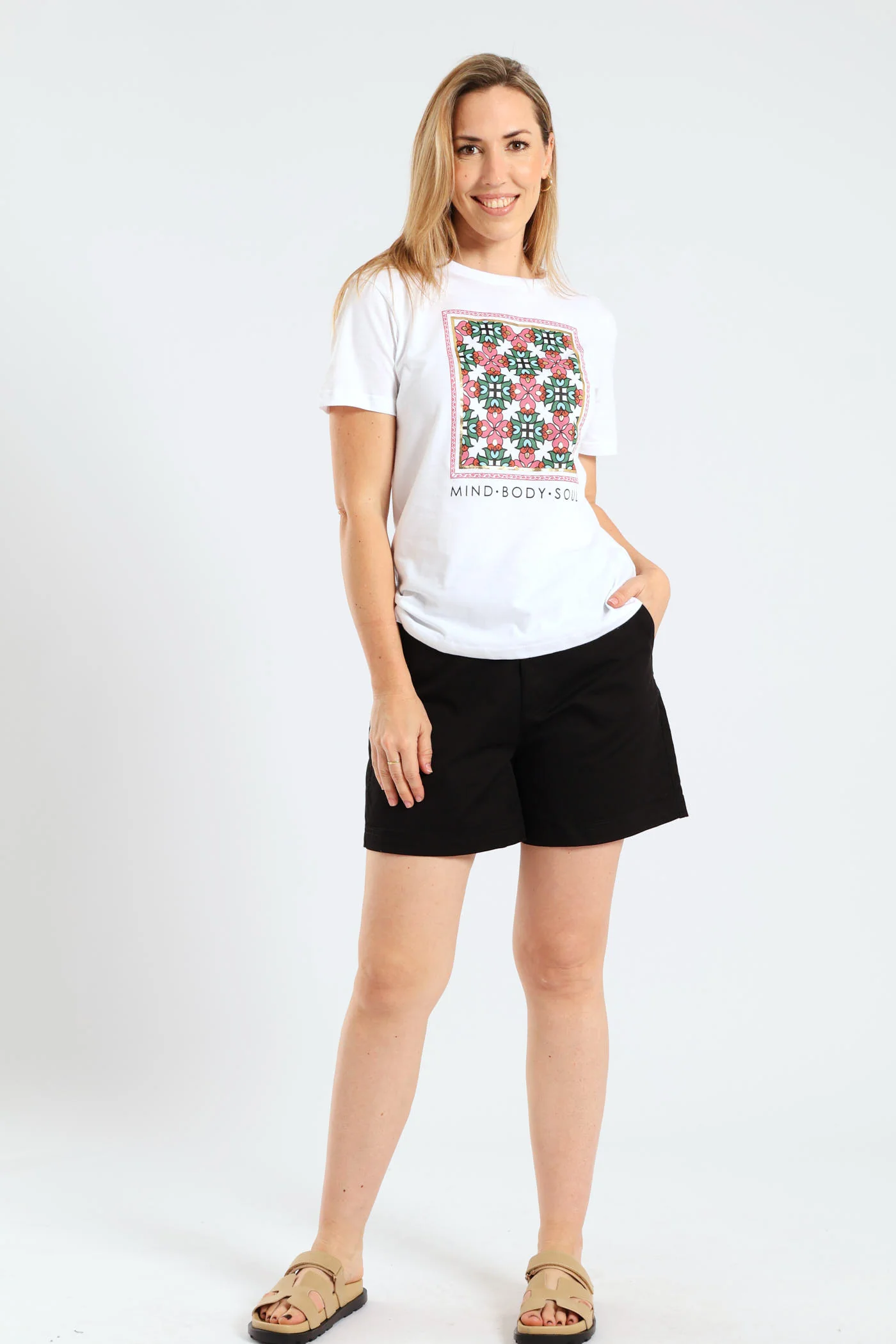 Mind Body Soul Geometric Floral Frame Foil Tee - White - Image 5