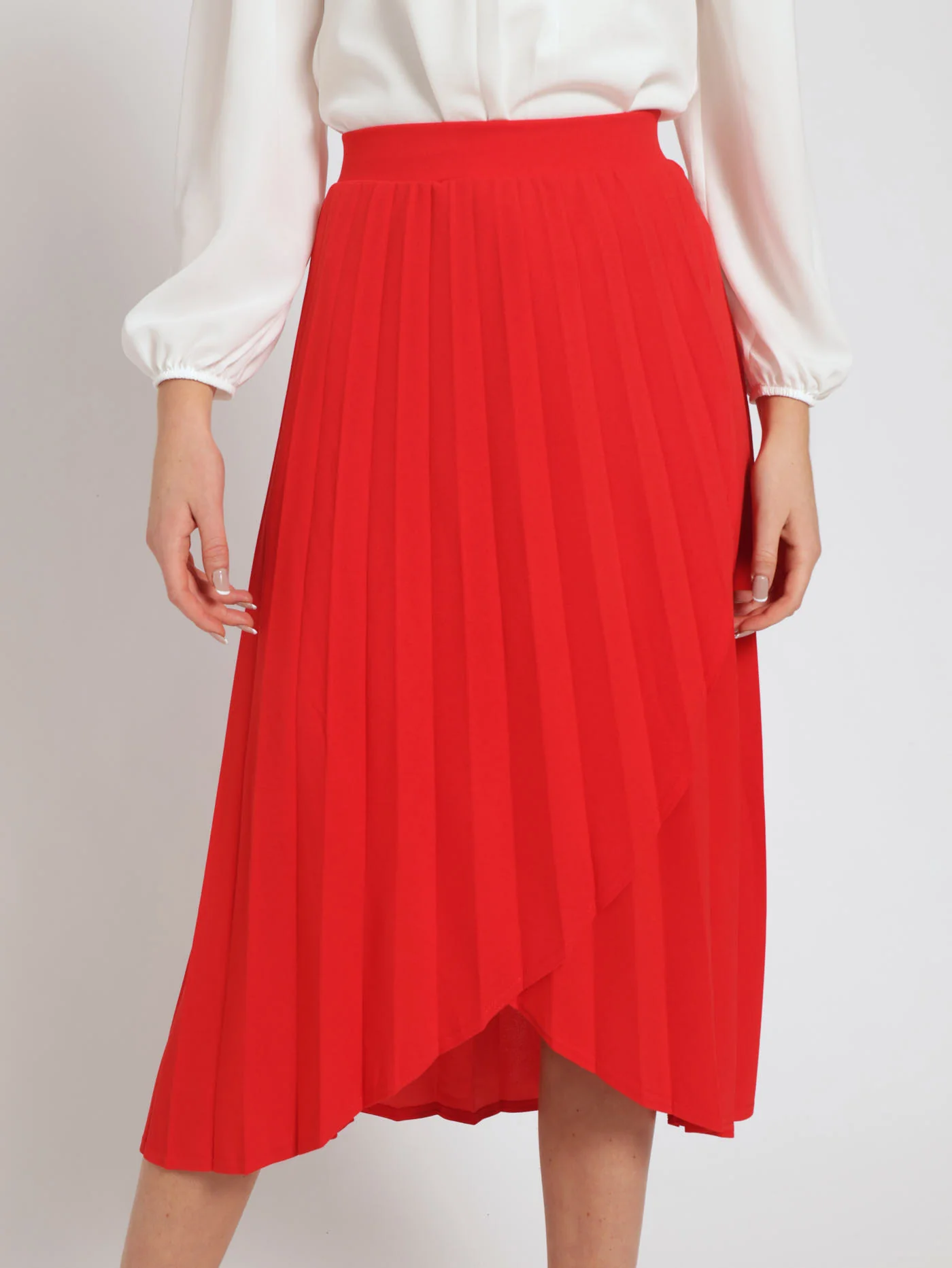 Mock Wrap Pleated Midi Skirt - Red - Image 2