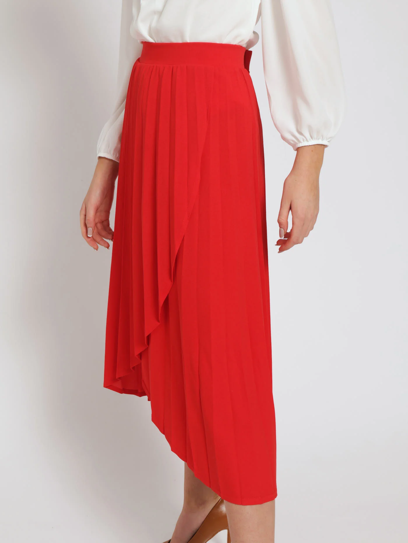 Mock Wrap Pleated Midi Skirt - Red - Image 3