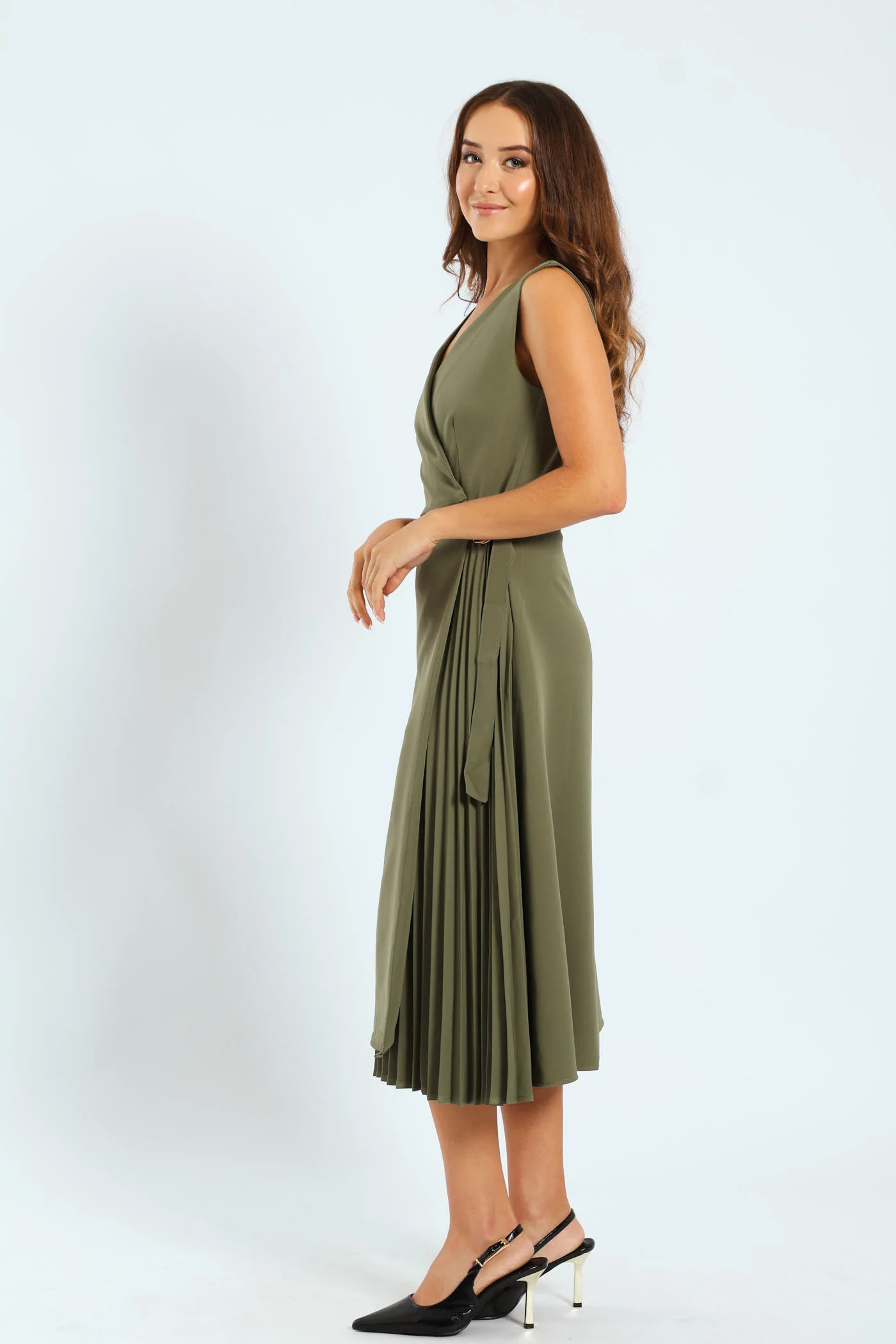 Mock Wrap Side Pleated Midi Dress - Image 3