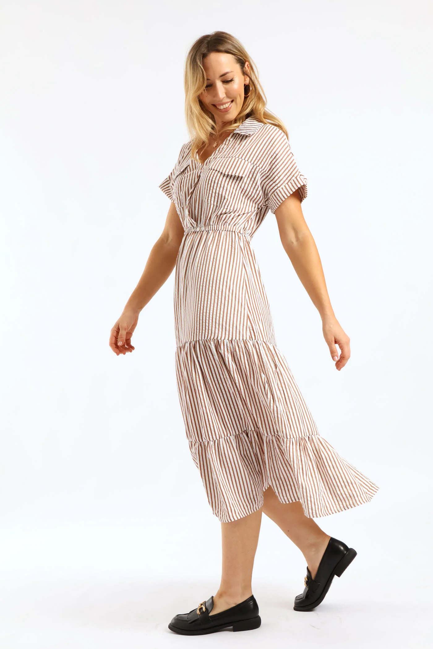 Mockwrap Tiered Utility Pocket Maxi Dress - Brown/White - Image 3