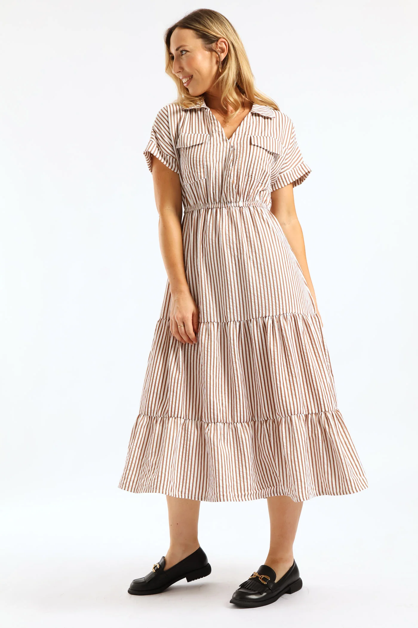 Mockwrap Tiered Utility Pocket Maxi Dress - Brown/White - Image 4