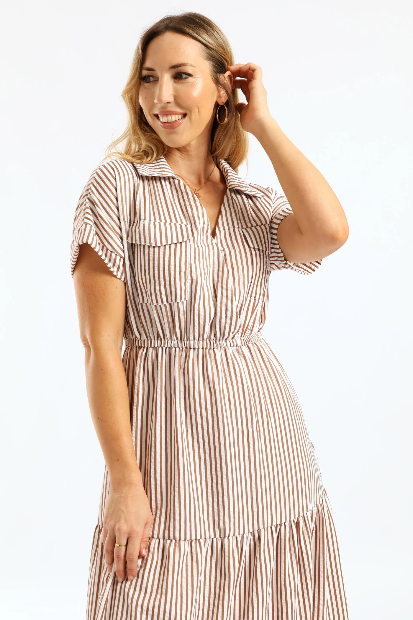 Mockwrap Tiered Utility Pocket Maxi Dress - Brown/White - Image 5