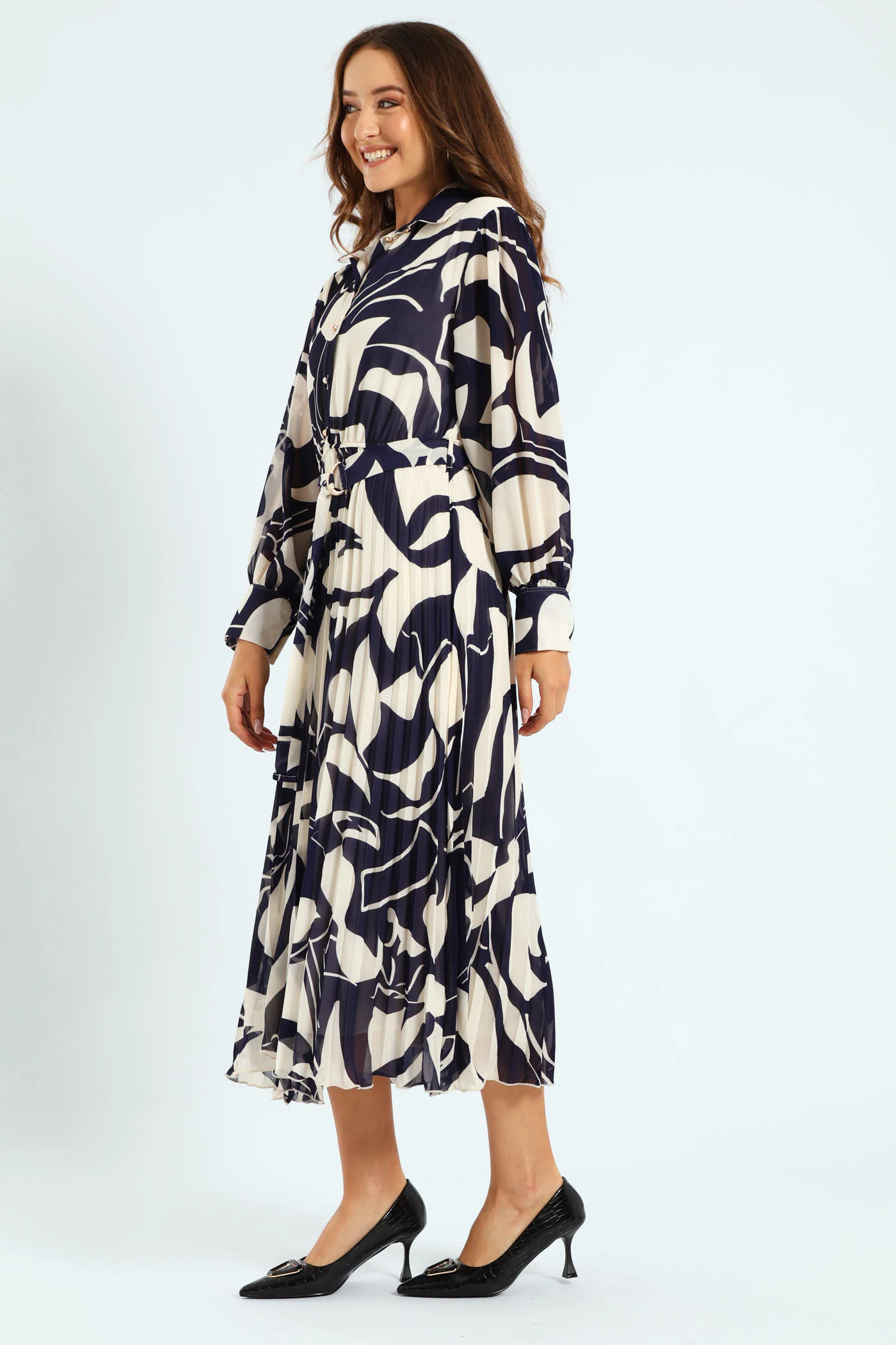 Monochrome Pelated Shirt Maxi Dress - Navy - Image 4