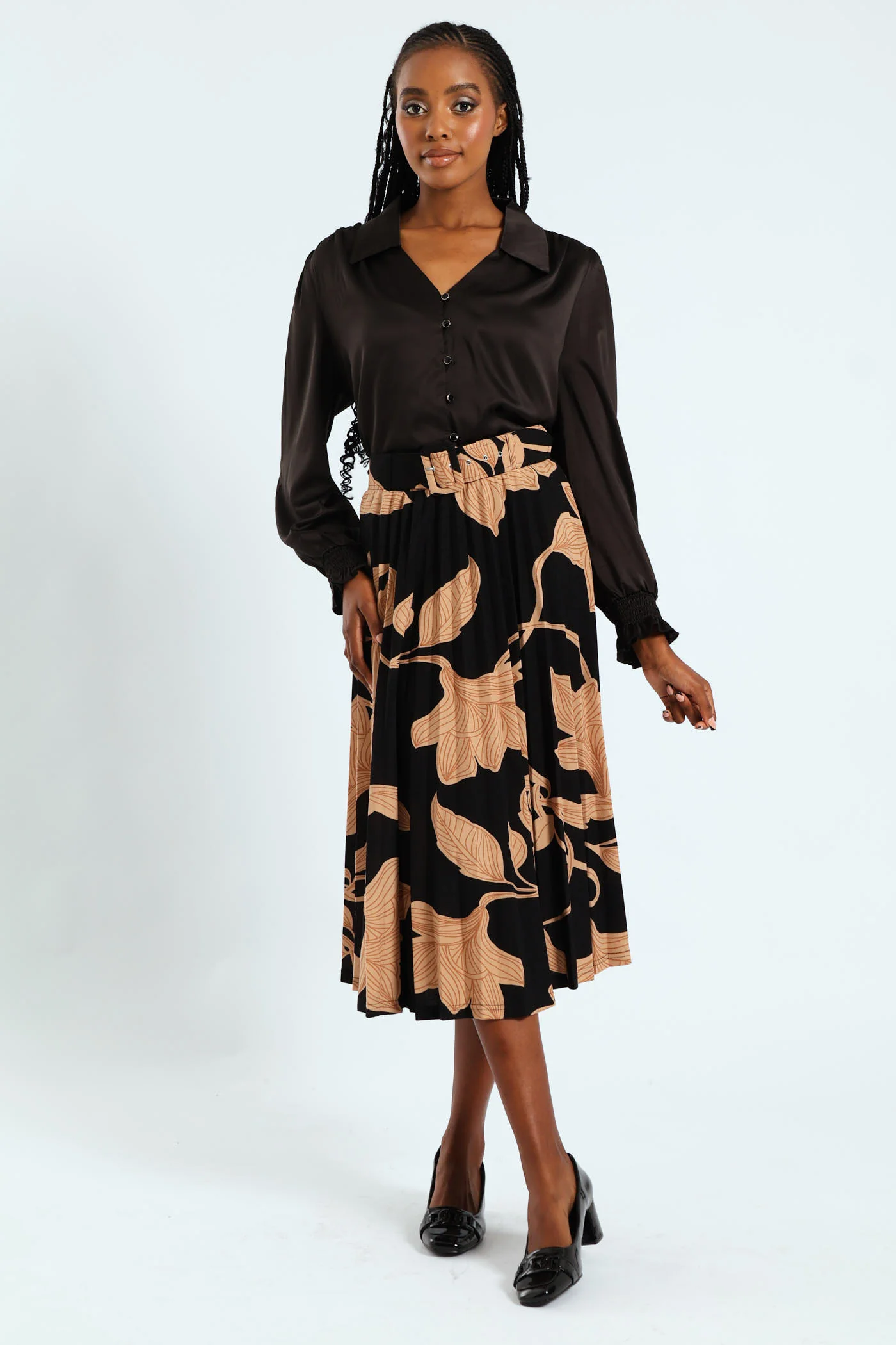 Monochrome Pleated Midi Skirt - Black/Tan - Image 4