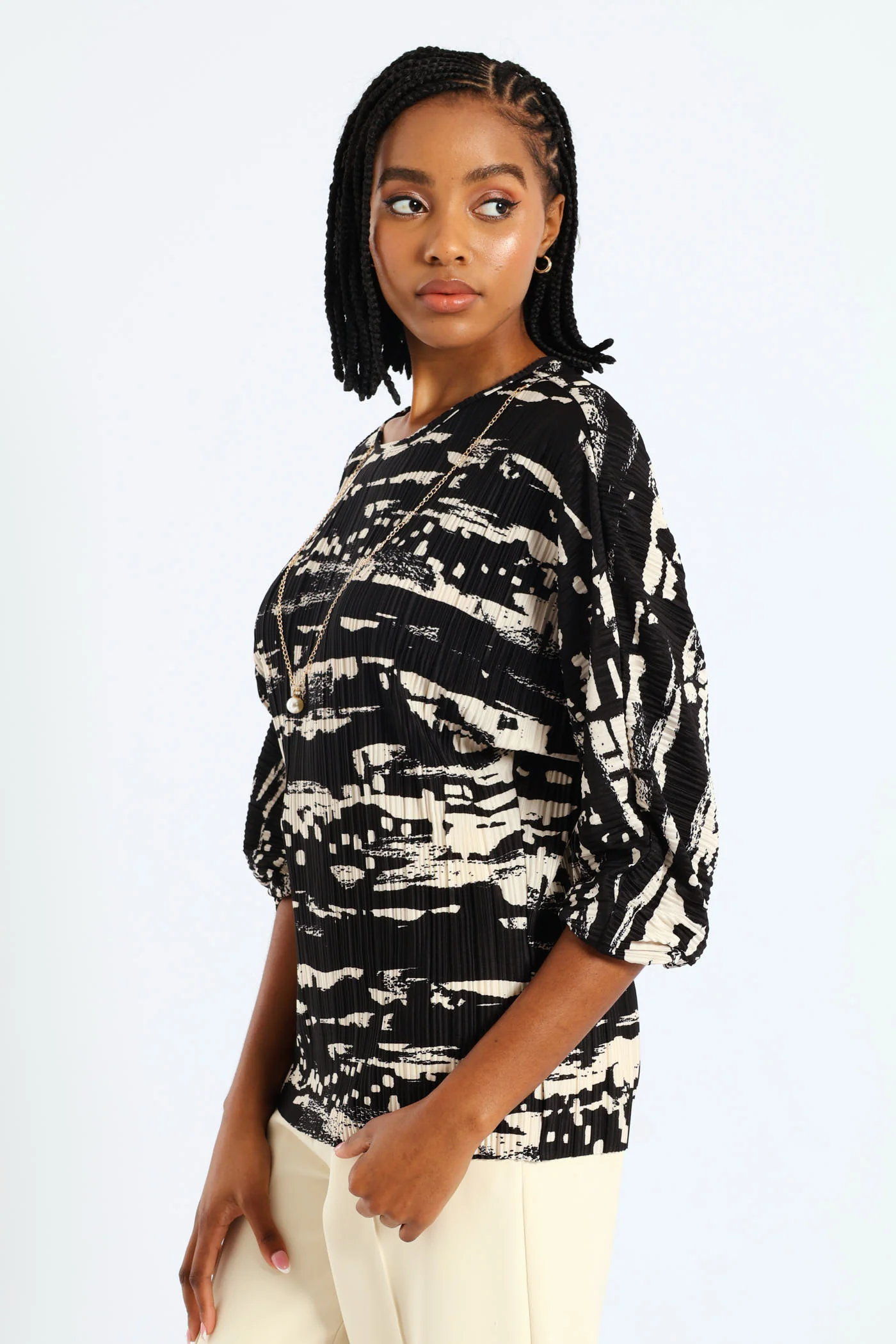 Monochrome Plisse Blouse - Black - Image 2