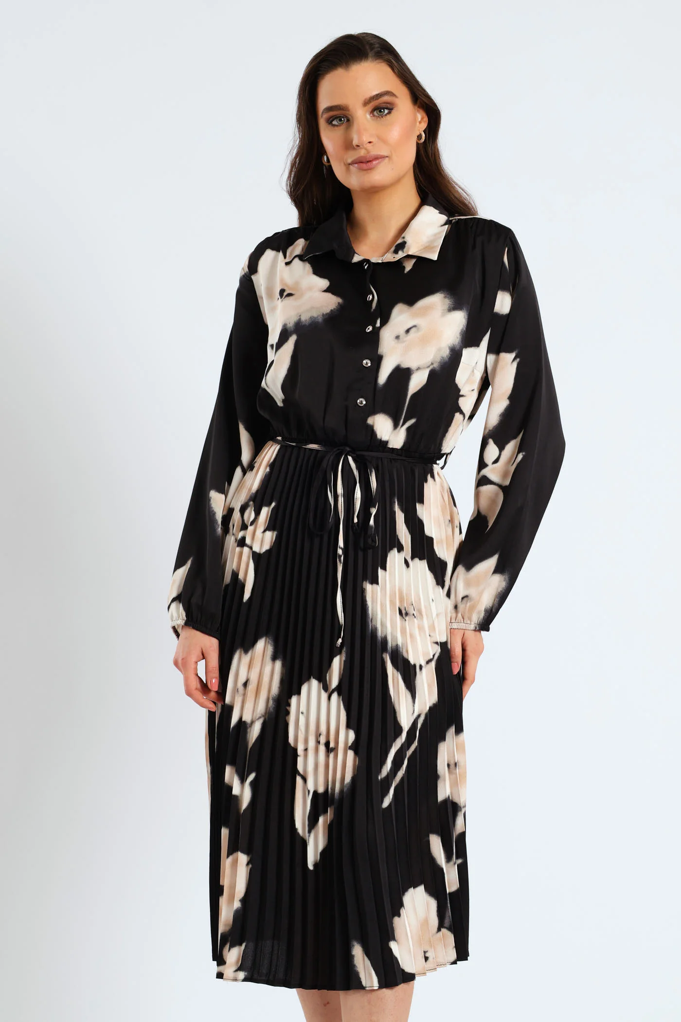 Monochrome Satin Pleated Maxi Dress - Black/Cream - Image 2