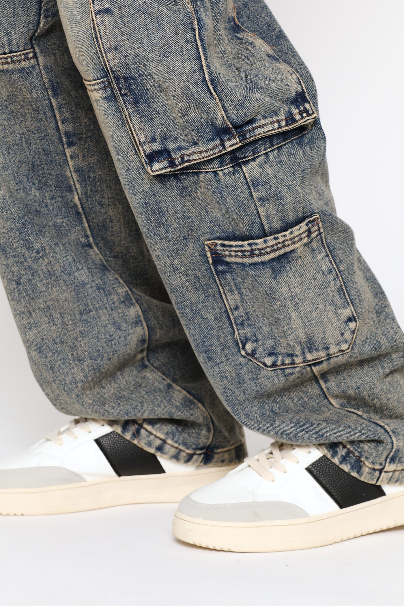 Multi Pocket Baggy Cargo Denim - Blue Acid Wash - Image 2