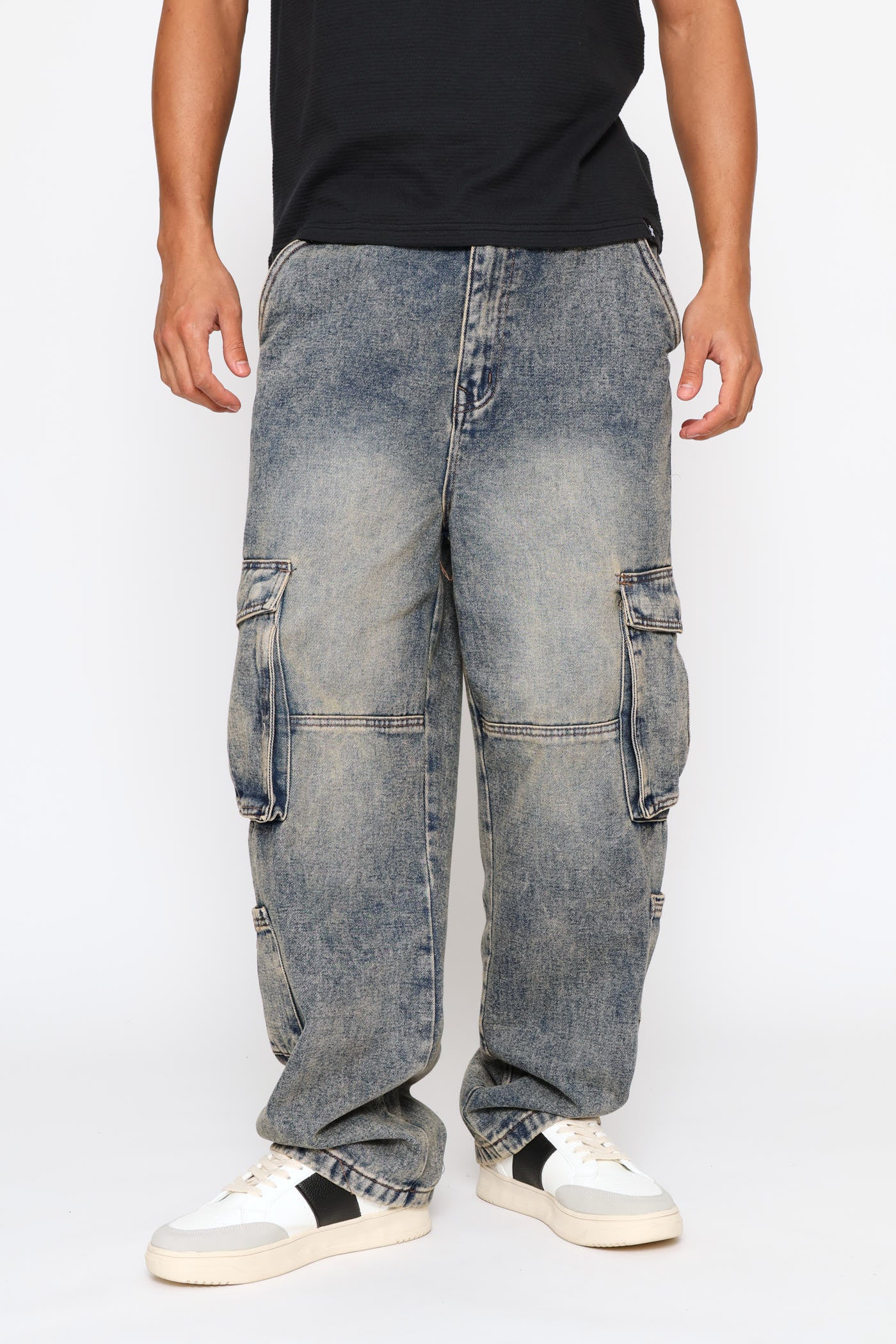 Multi Pocket Baggy Cargo Denim - Blue Acid Wash - Image 3