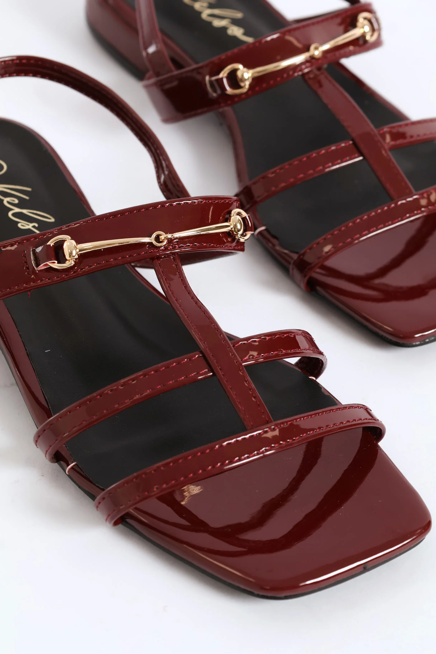 Multi Thin Strap Metal Bar T-Bar Sandal - Burgundy - Image 3