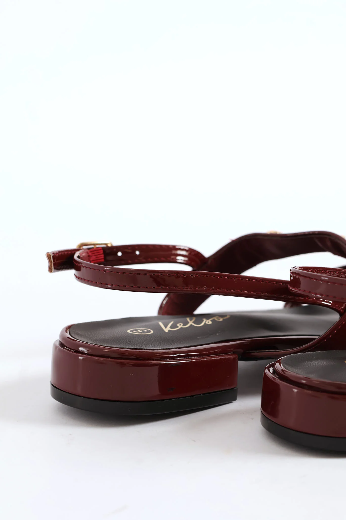 Multi Thin Strap Metal Bar T-Bar Sandal - Burgundy - Image 4