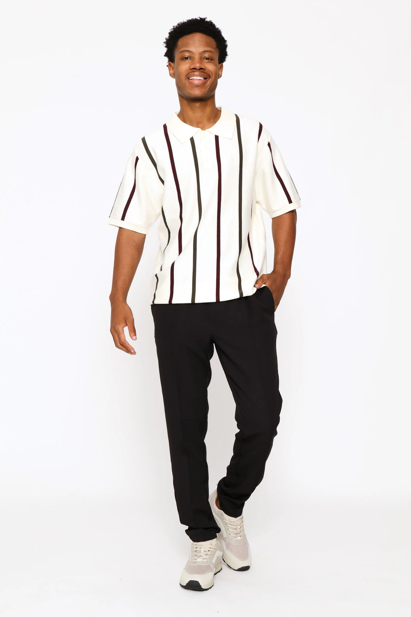 Multicolour Stripe Fine Knit Golfer - Ecru - Image 6