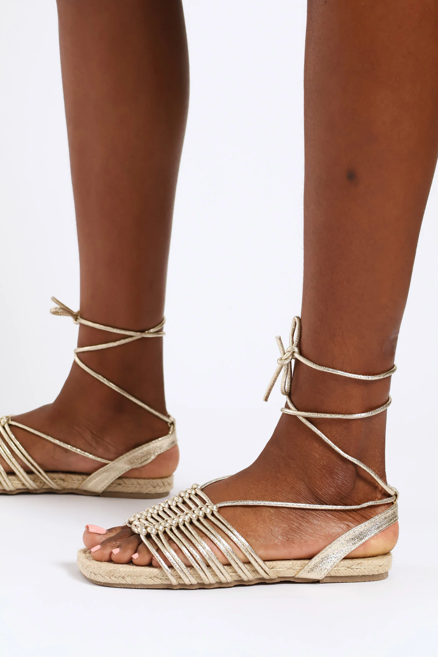 Multistrap Lace Up Sandal On Espadrille Outsole - Gold - Image 3