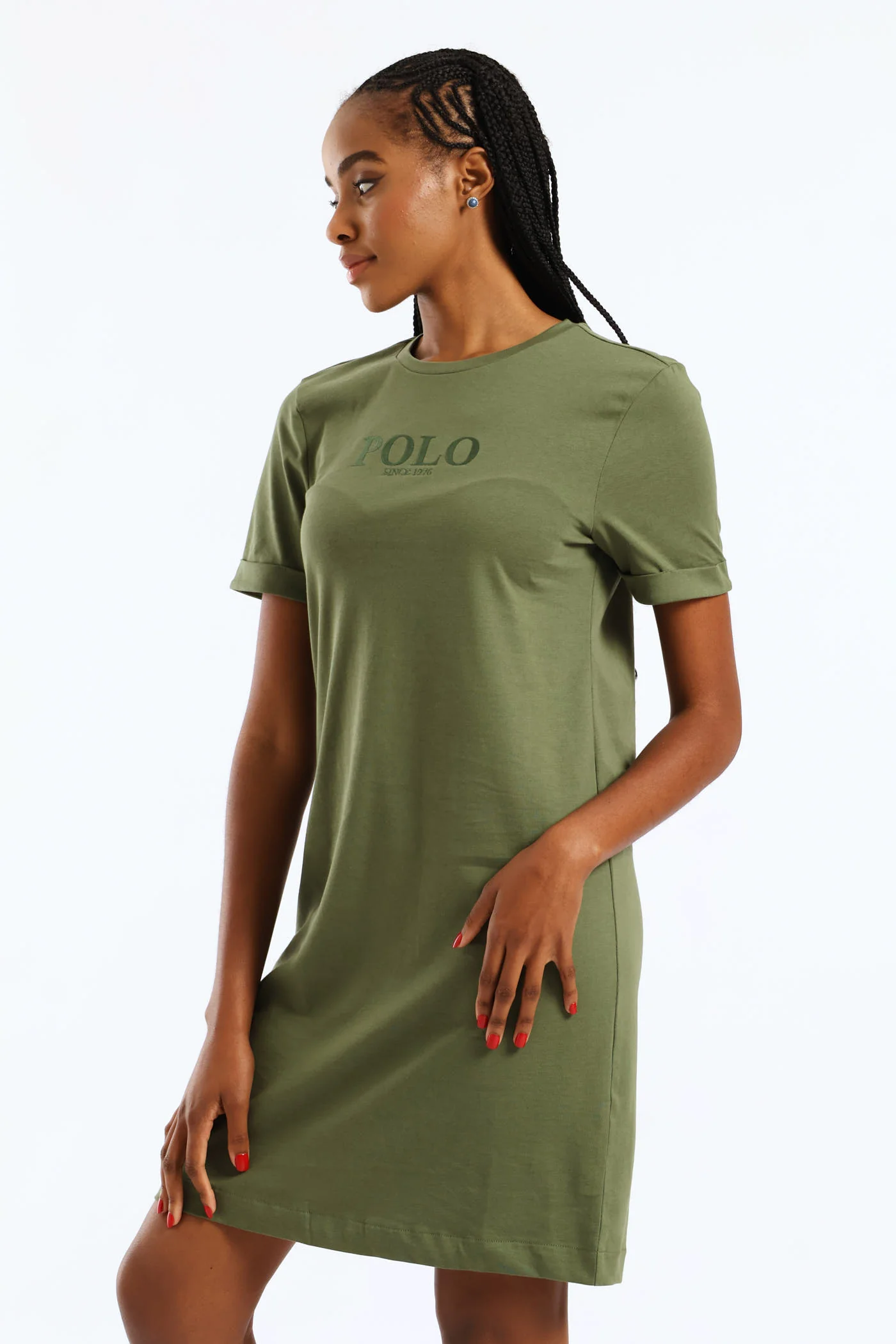 Nandi Short Sleeve Midi T-Shirt Dress - Olive - Image 3