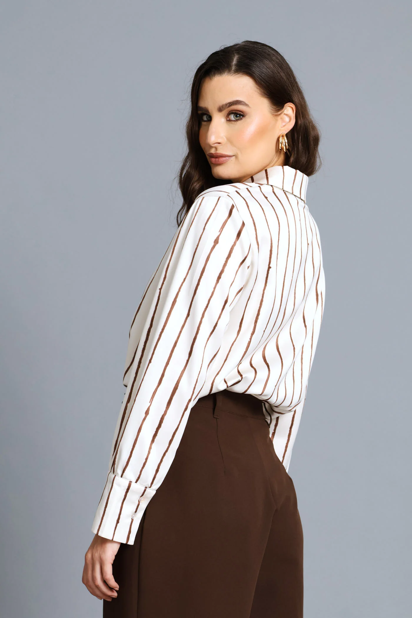 Narrow Abstract Stripe Satin Shirt - Cream - Image 3