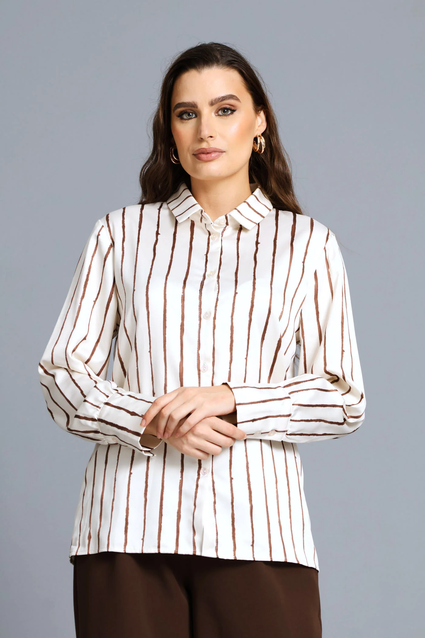 Narrow Abstract Stripe Satin Shirt - Cream - Image 5