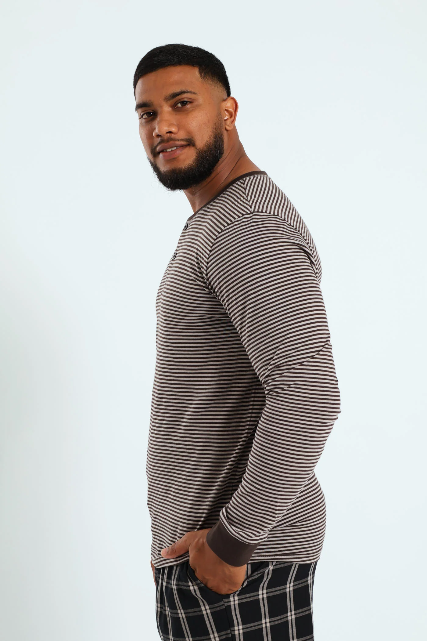 Narrow Stripe Long Sleeve Henley Tee - Charcoal - Image 4