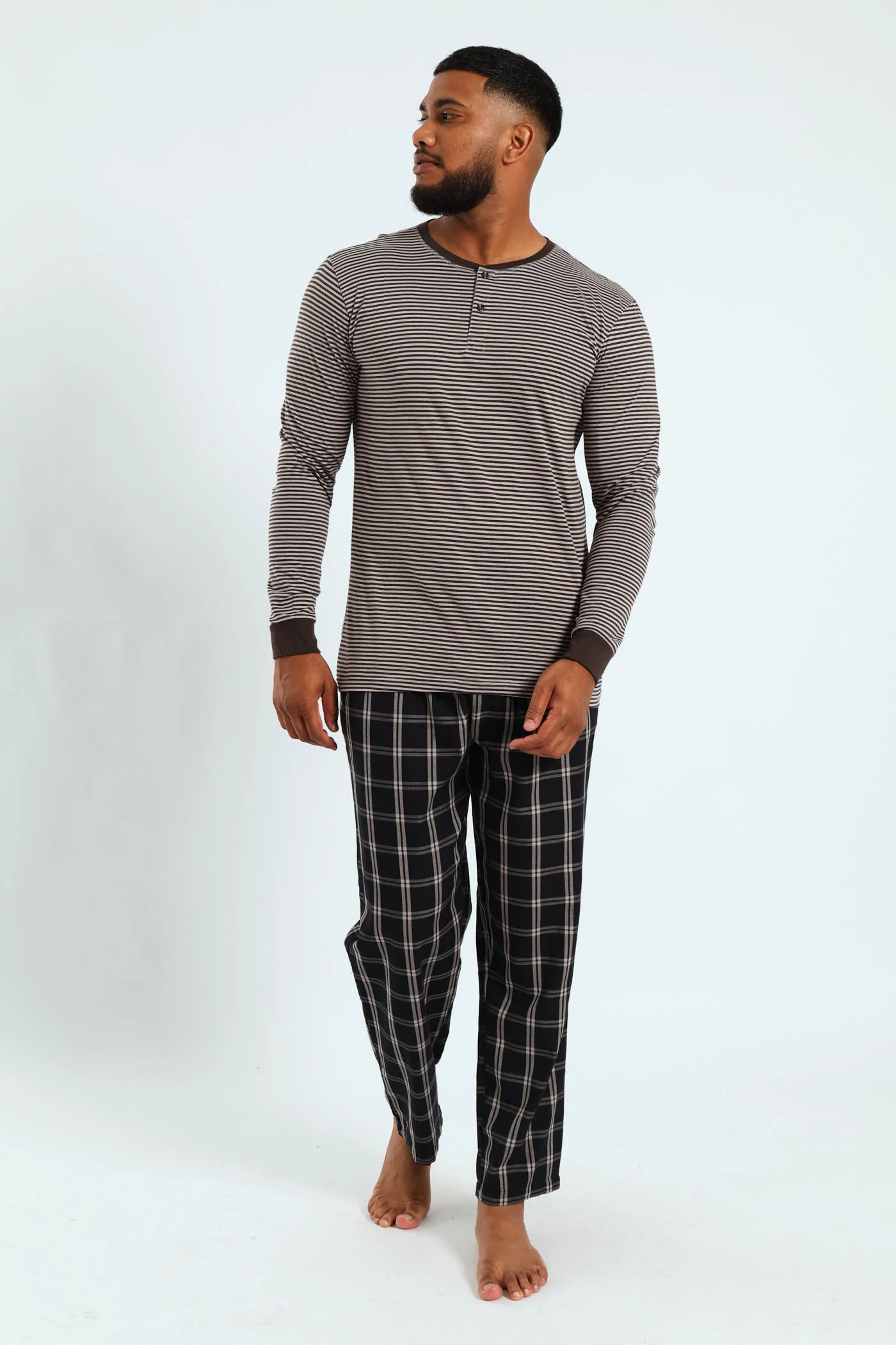 Narrow Stripe Long Sleeve Henley Tee - Charcoal - Image 5