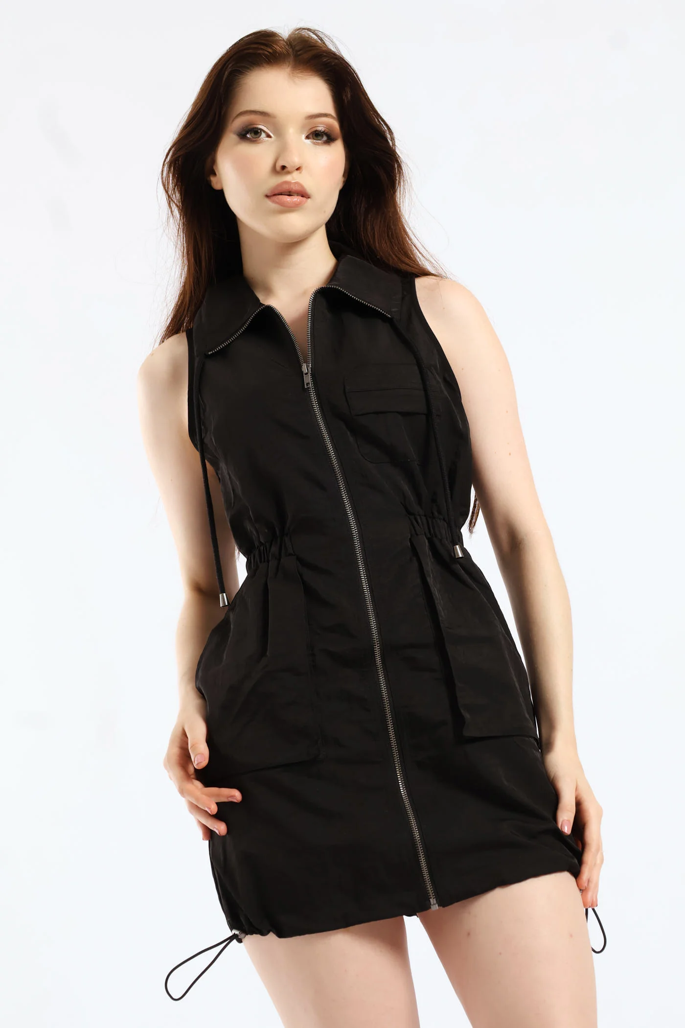 Zip Through Natural Waist Mini Dress - Black - Image 3
