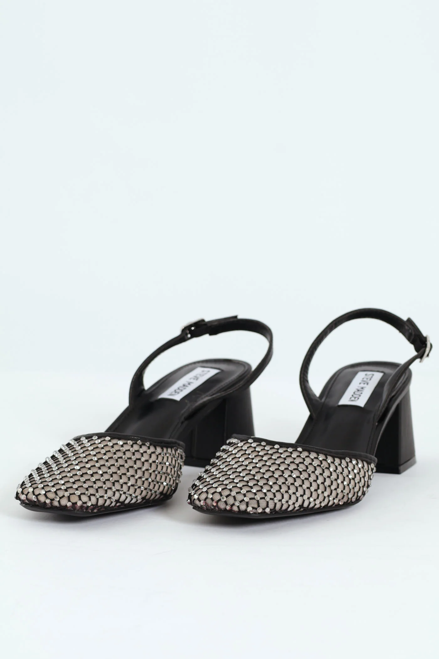 Network Mesh Almond Toe Slingback Block Heel - Black - Image 3