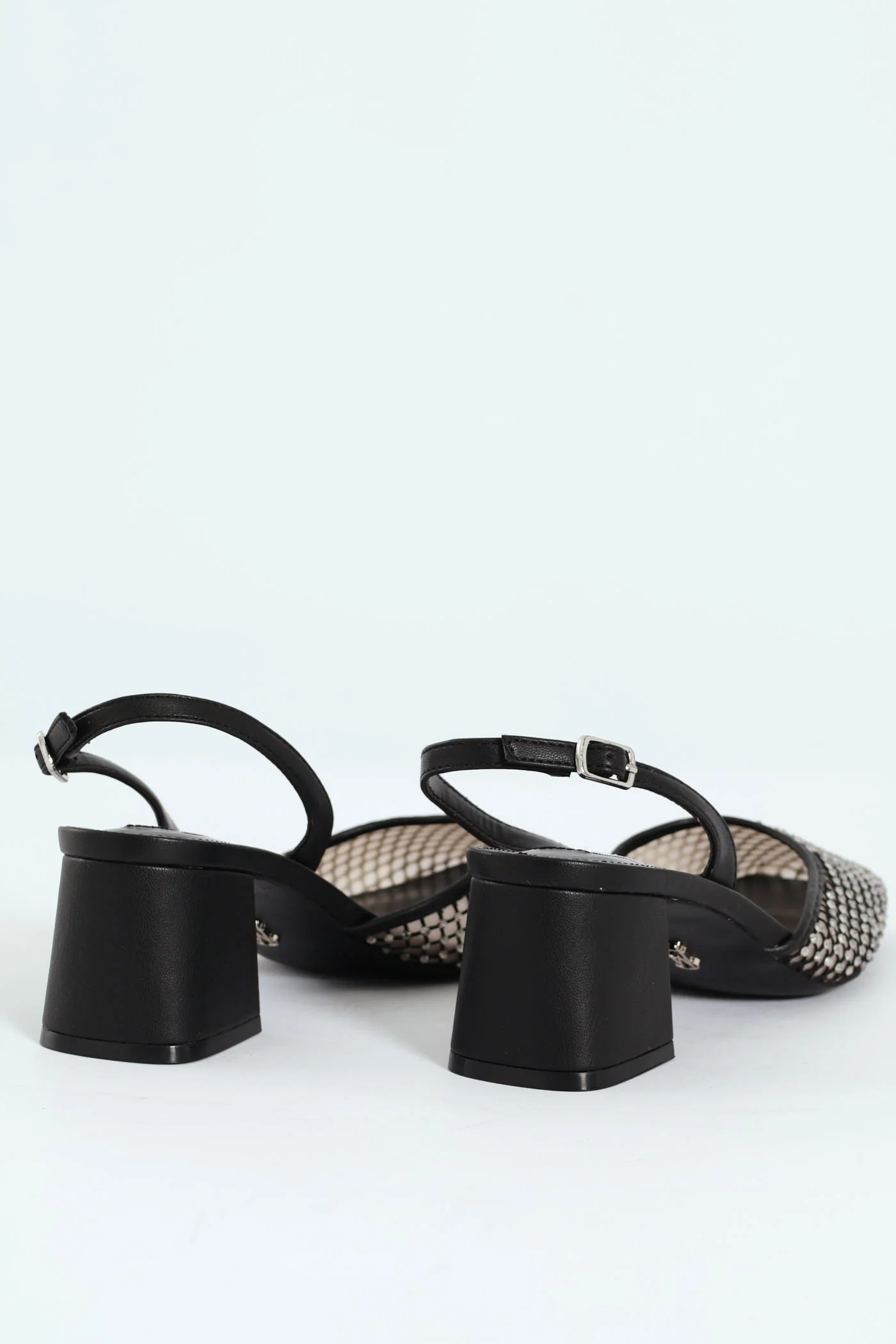 Network Mesh Almond Toe Slingback Block Heel - Black - Image 4