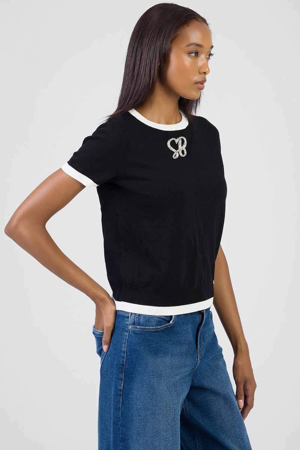 New Obsession Short Sleeve Knitwear Bling Top - Black - Image 4