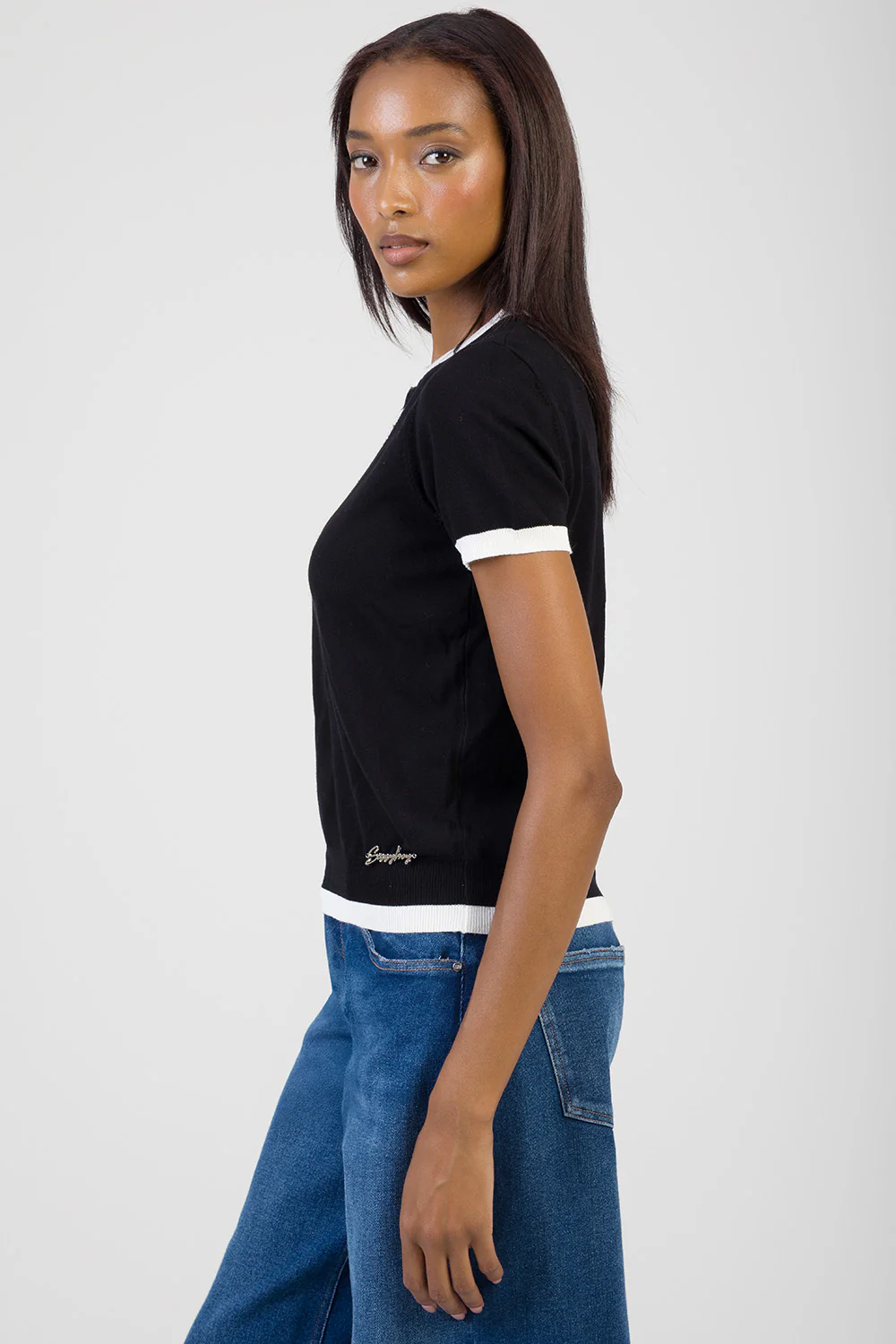 New Obsession Short Sleeve Knitwear Bling Top - Black - Image 5