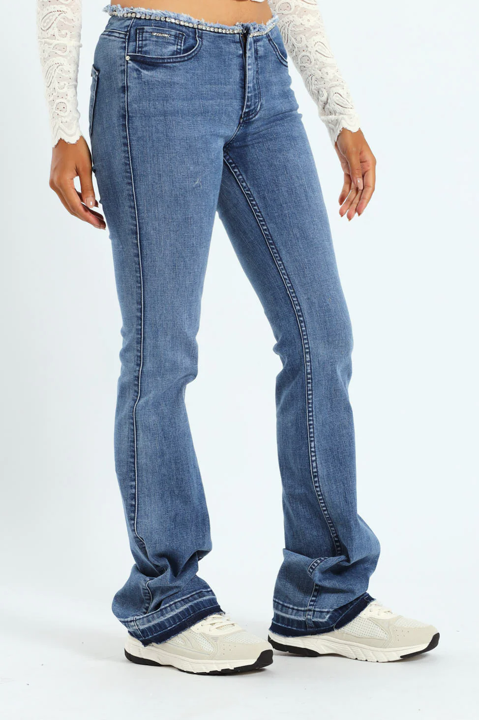 Nina Low Waist Flare Leg Jean With Diamante Waist - Med Wash - Image 3