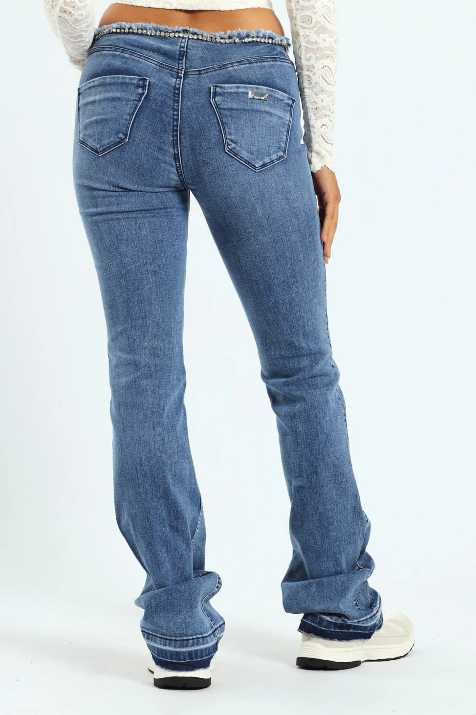 Nina Low Waist Flare Leg Jean With Diamante Waist - Med Wash - Image 4