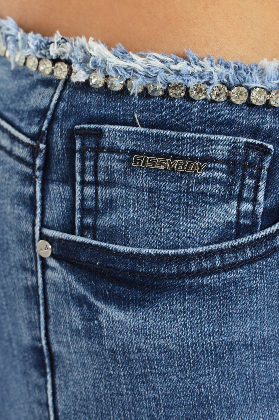 Nina Low Waist Flare Leg Jean With Diamante Waist - Med Wash - Image 5
