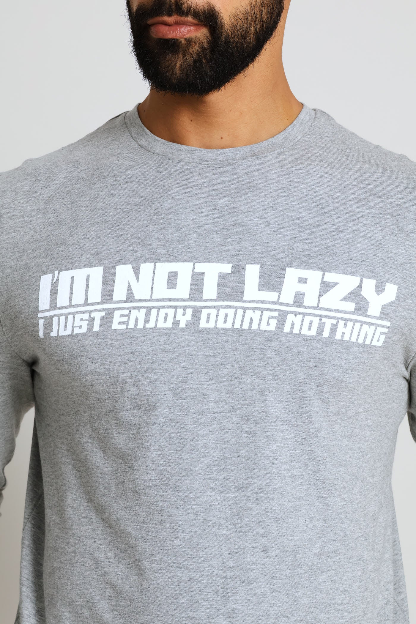 Not Lazy Print Long Sleeve Tee - Grey Melange - Image 2