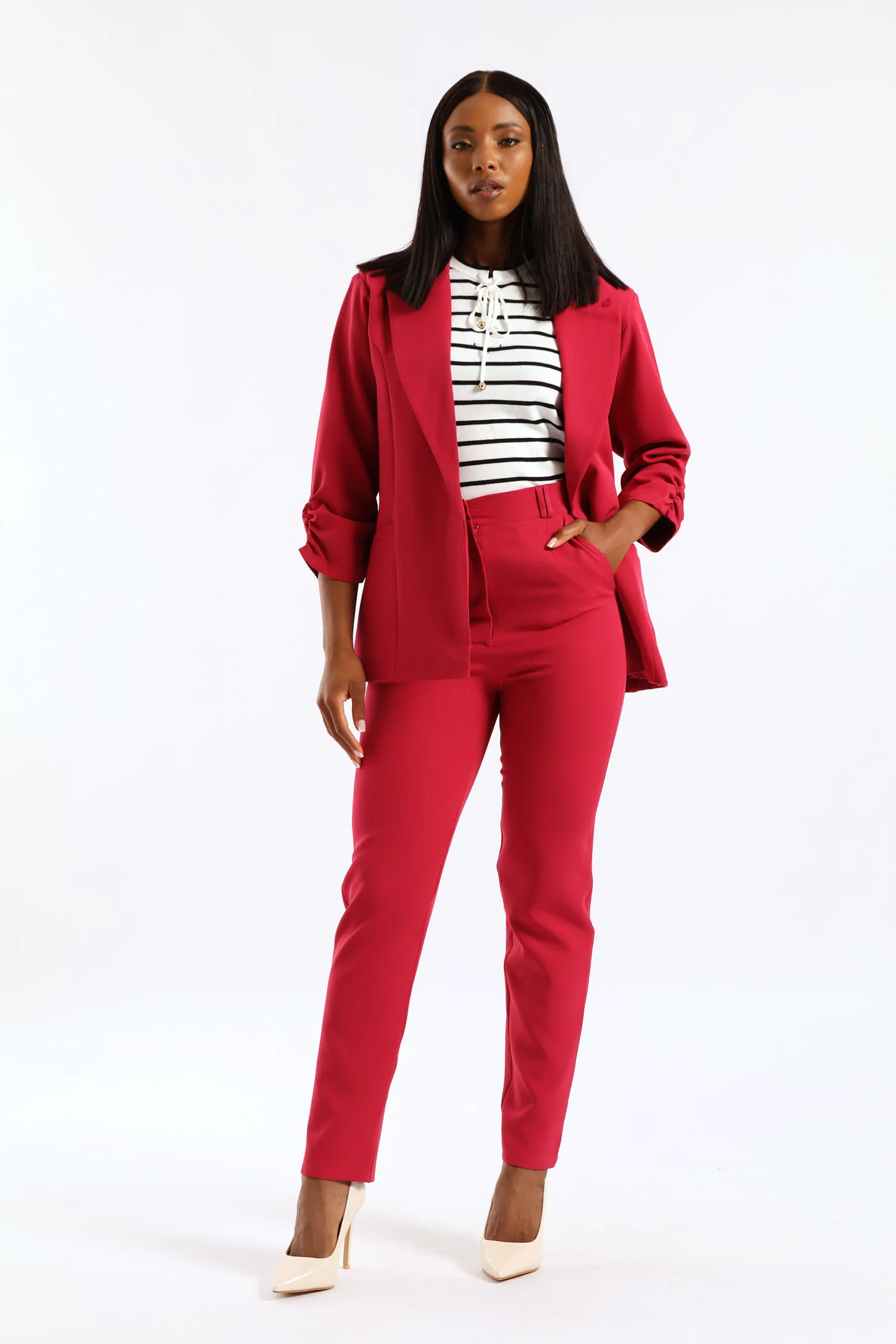 Notch Collar Gauged Sleeve Blazer - Magenta - Image 2