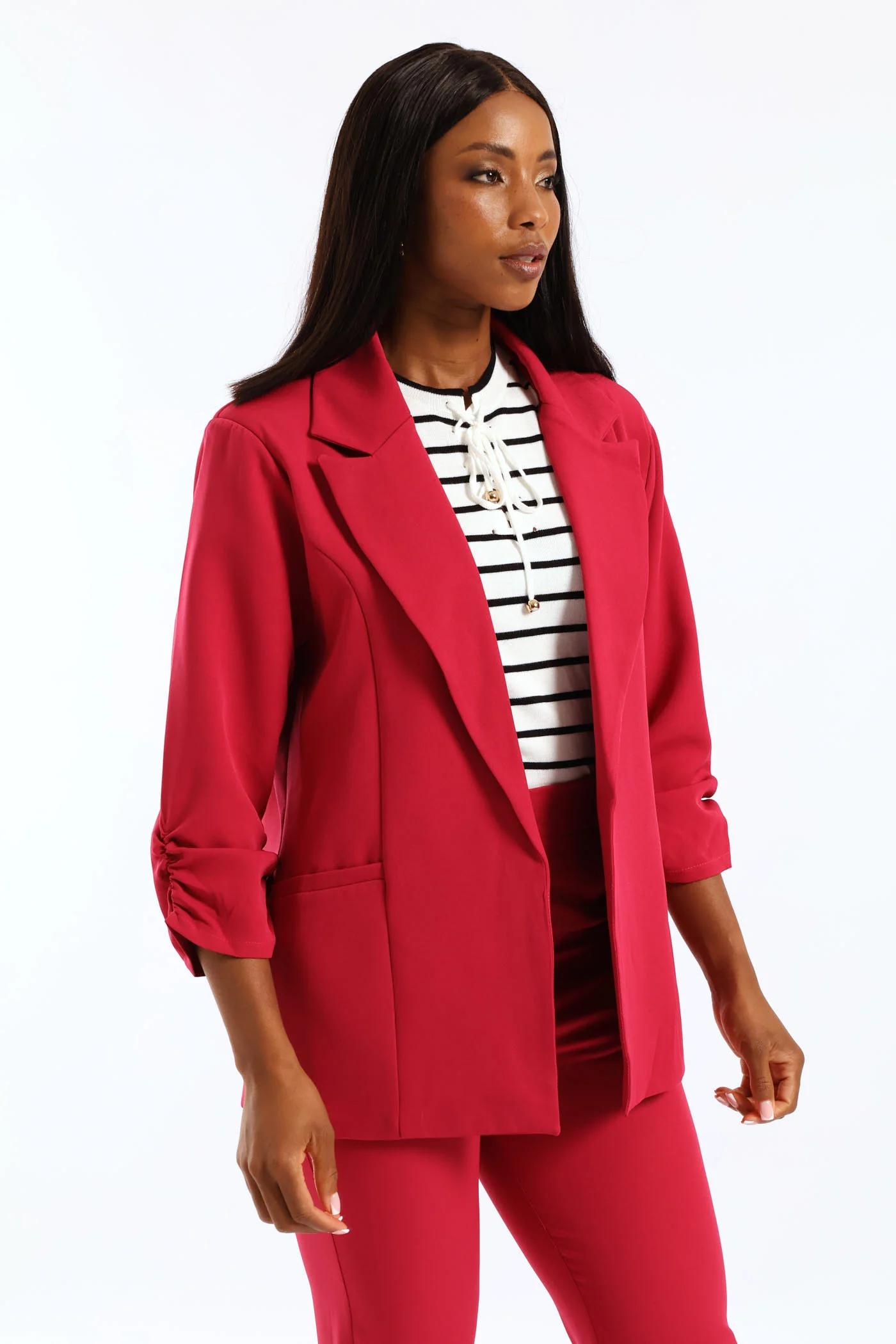 Notch Collar Gauged Sleeve Blazer - Magenta - Image 4
