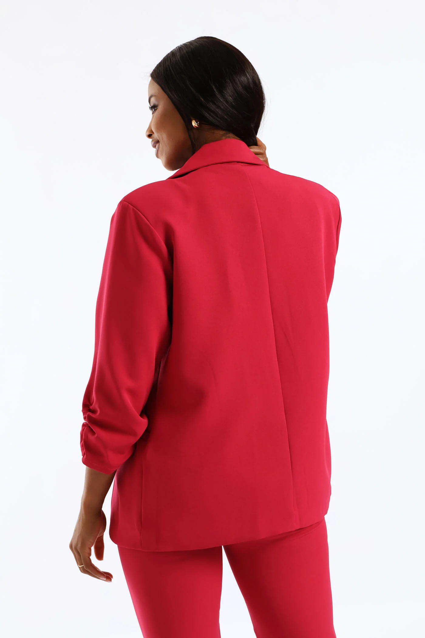 Notch Collar Gauged Sleeve Blazer - Magenta - Image 5